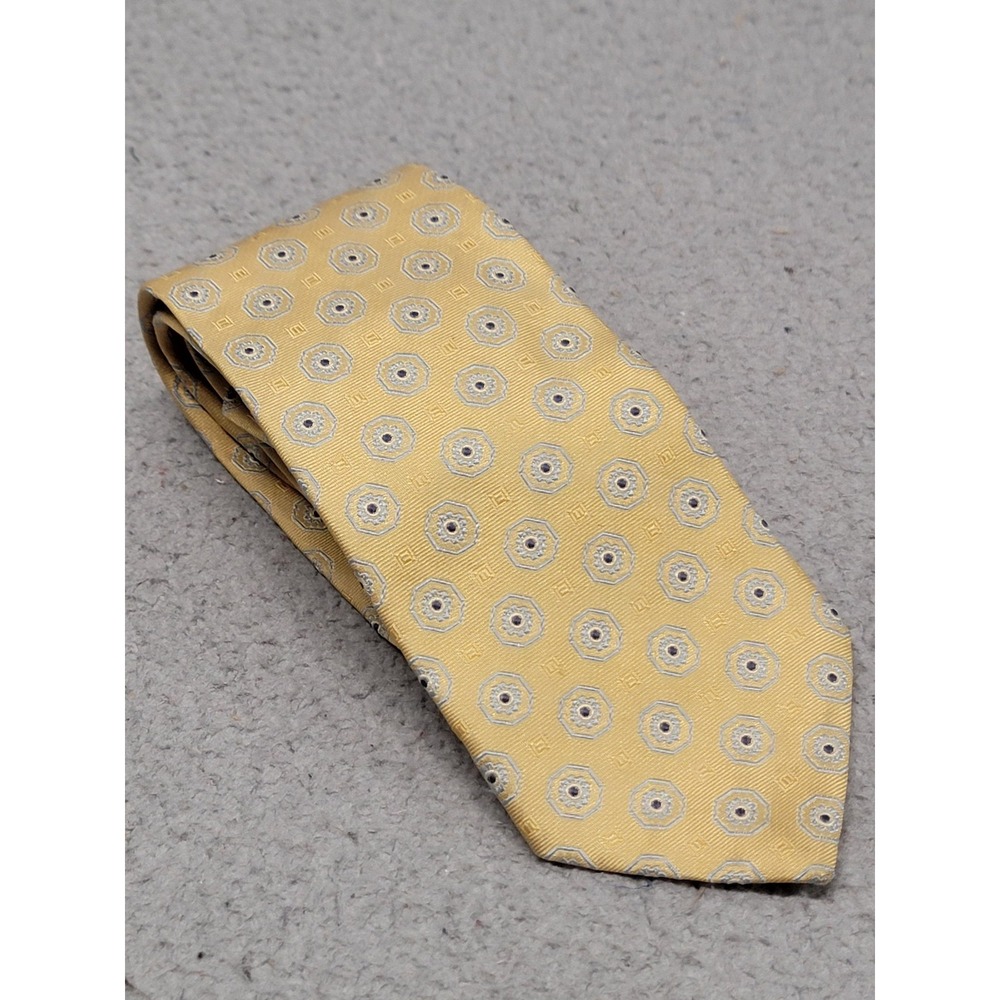 Brooks‎ Brothers Tie Mens Yellow Geometric Jacquard Medallion Italian Silk USA